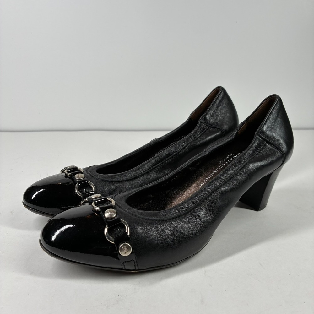 AGL Irina Women's US 7.5/38 Black Patent Leather Cap Toe Block Heel Pumps Italy